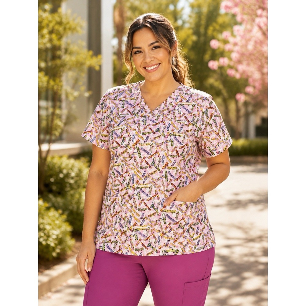 Elsie Of Miami Womens V Neck Scrub Top Size 2X Skateboard Print Pink Shirt New